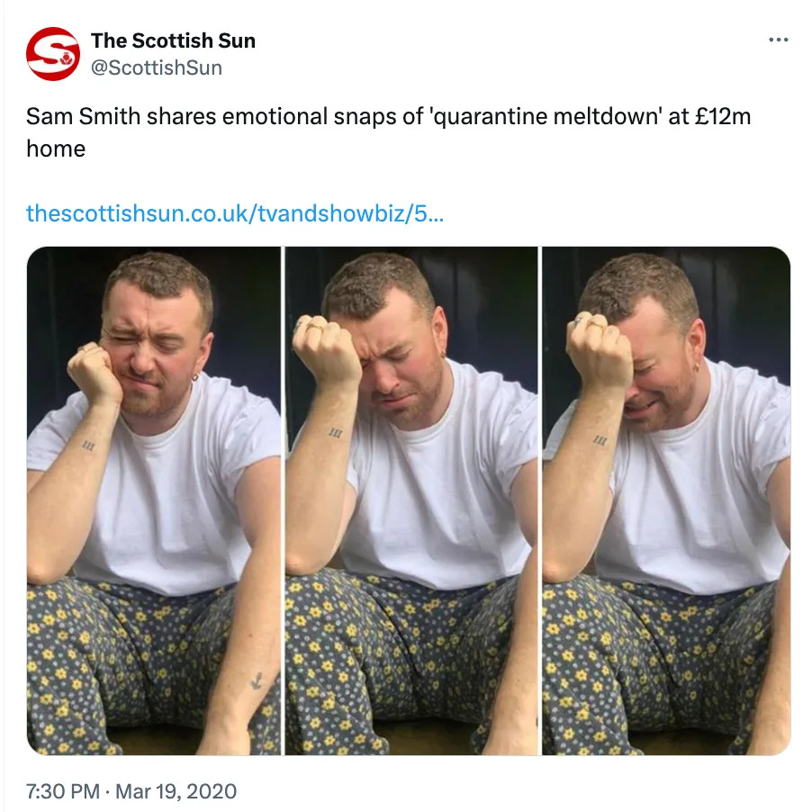 Person sitting with their head in hand, wearing a white shirt and floral-patterned pants, appearing emotional. Tweet mentions quarantine and a £12m home