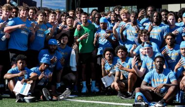 Novak Djokovic meets with the UCLA football team ahead of the BNP Paribas Open.