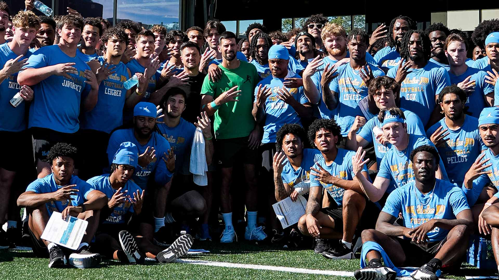 Novak Djokovic meets with the UCLA football team ahead of the BNP Paribas Open.