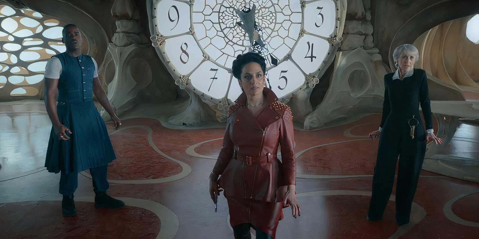 The Fifteenth Doctor, The Rani, and Mrs. Flood standing apart in Doctor Who