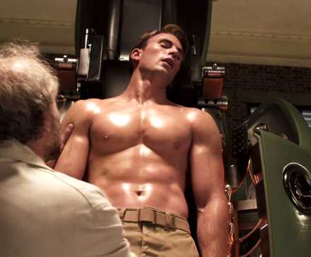 Dr Erskine Helping Chris Evans As Steve Rogers From The Super Soldier Machine In Captain America The First Avenger