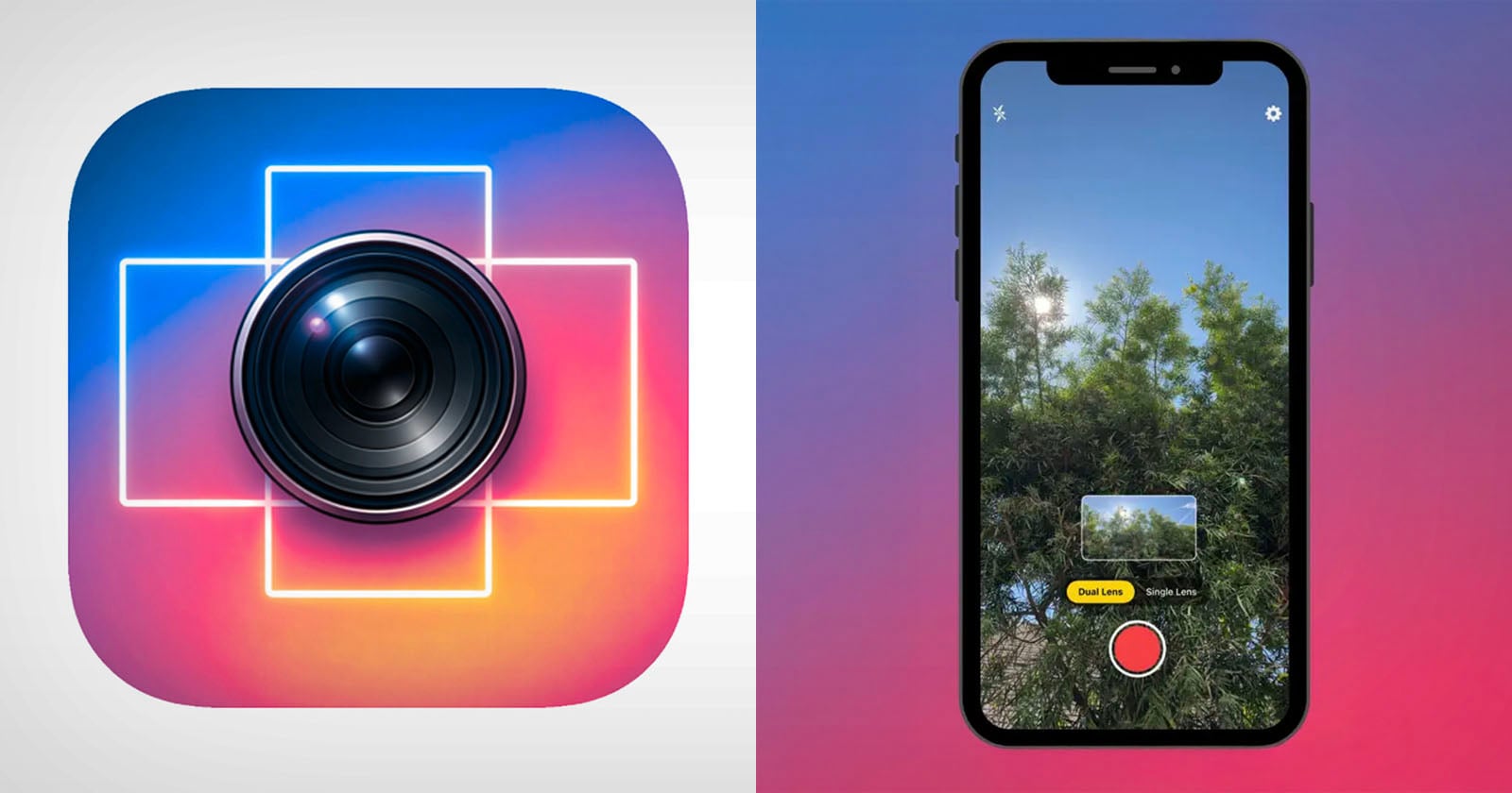 A camera app icon with a lens and neon lines is on the left, while on the right, a smartphone screen shows a camera app taking a photo of trees under a blue sky. Both images have a gradient pink and blue background.