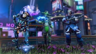 Three stylized characters stand in a neon-lit futuristic city: a blue-armored figure with goggles, a green-suited character with a glowing hand, and a winter-armored sniper. Pink flowers and grass are at their feet.