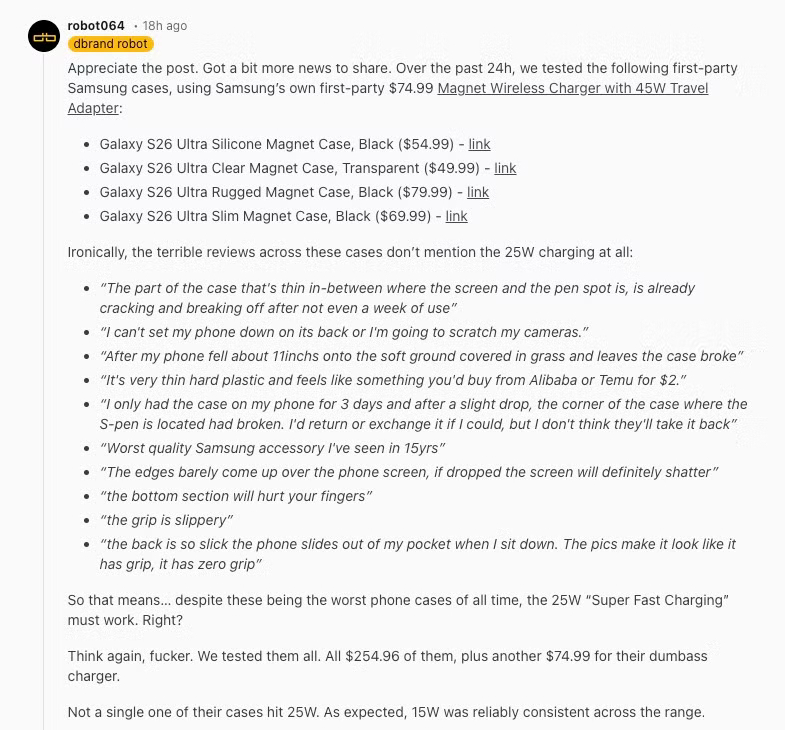 Dbrand's response about Samsung Galaxy S26 Ultra's 25 W wireless charging speed
