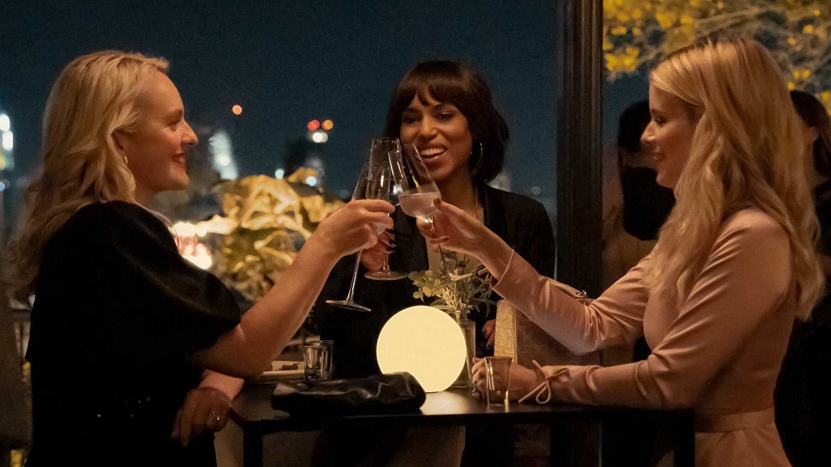 Elisabeth Moss, Kerry Washington, and Kate Mara toasting one another in Imperfect Women