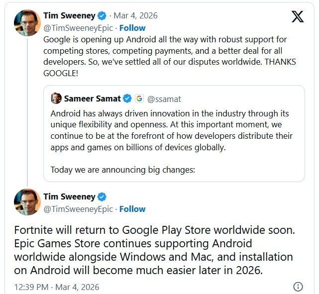 Tweet from Epic CEO Tim Sweeney thanking Google for cutting Play Store tax.