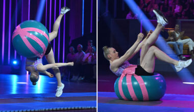 split image of Merle doing exercise ball somersaults