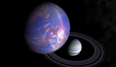 Moons of rogue planets: Earthlike planet with oceans orbiting a larger, ringed Saturn-like planet in black space.