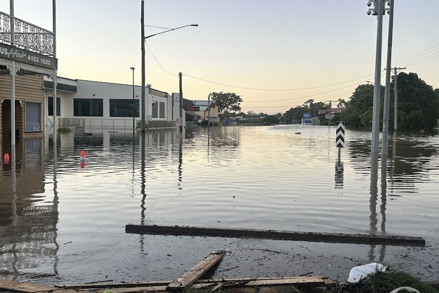 Flooding along a street in regional Queensland.