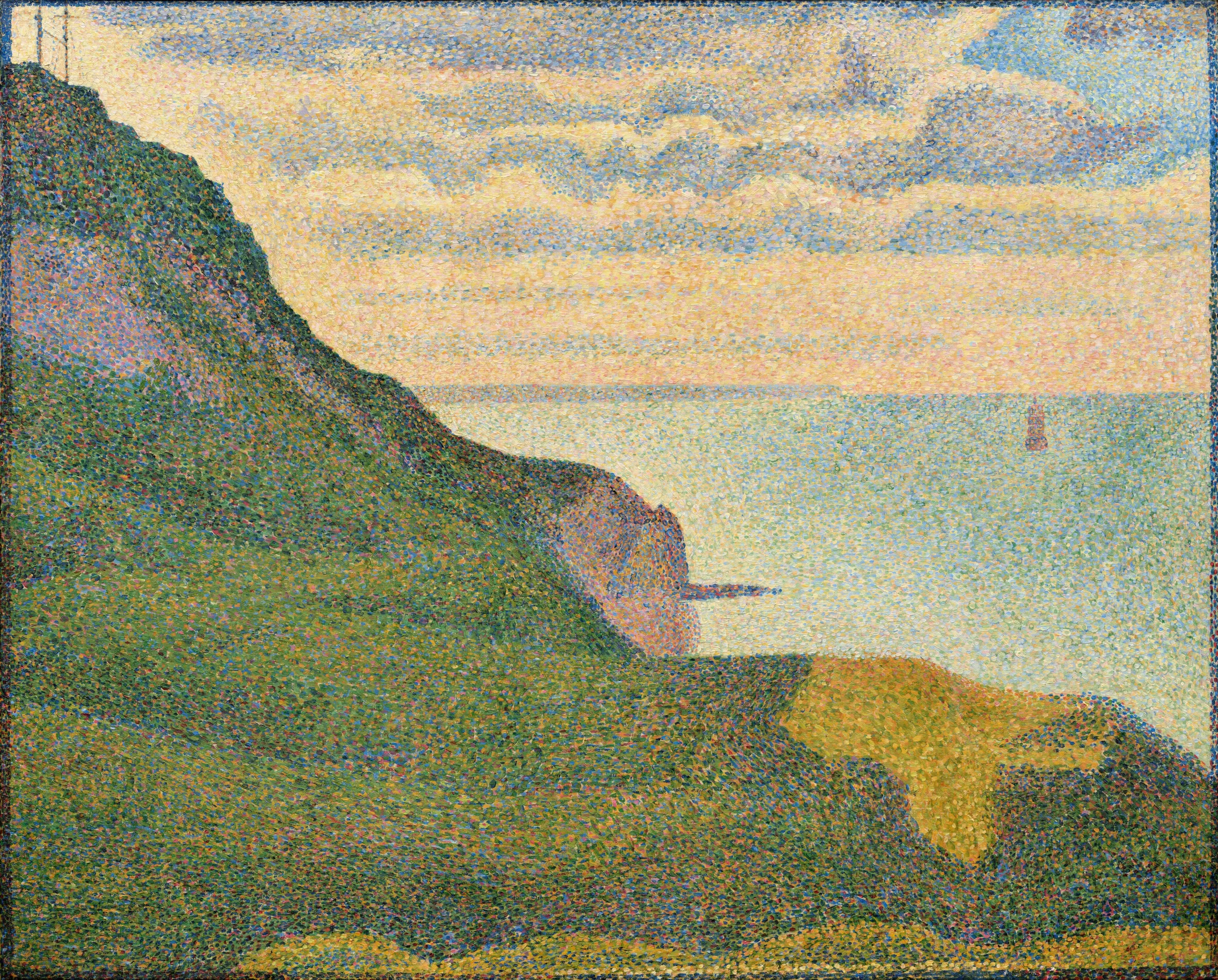 Illustration of a pointillist seascape painting featuring green cliffs sloping down to the sea, a light-colored sky with clouds, and a faint red boat in the distance.