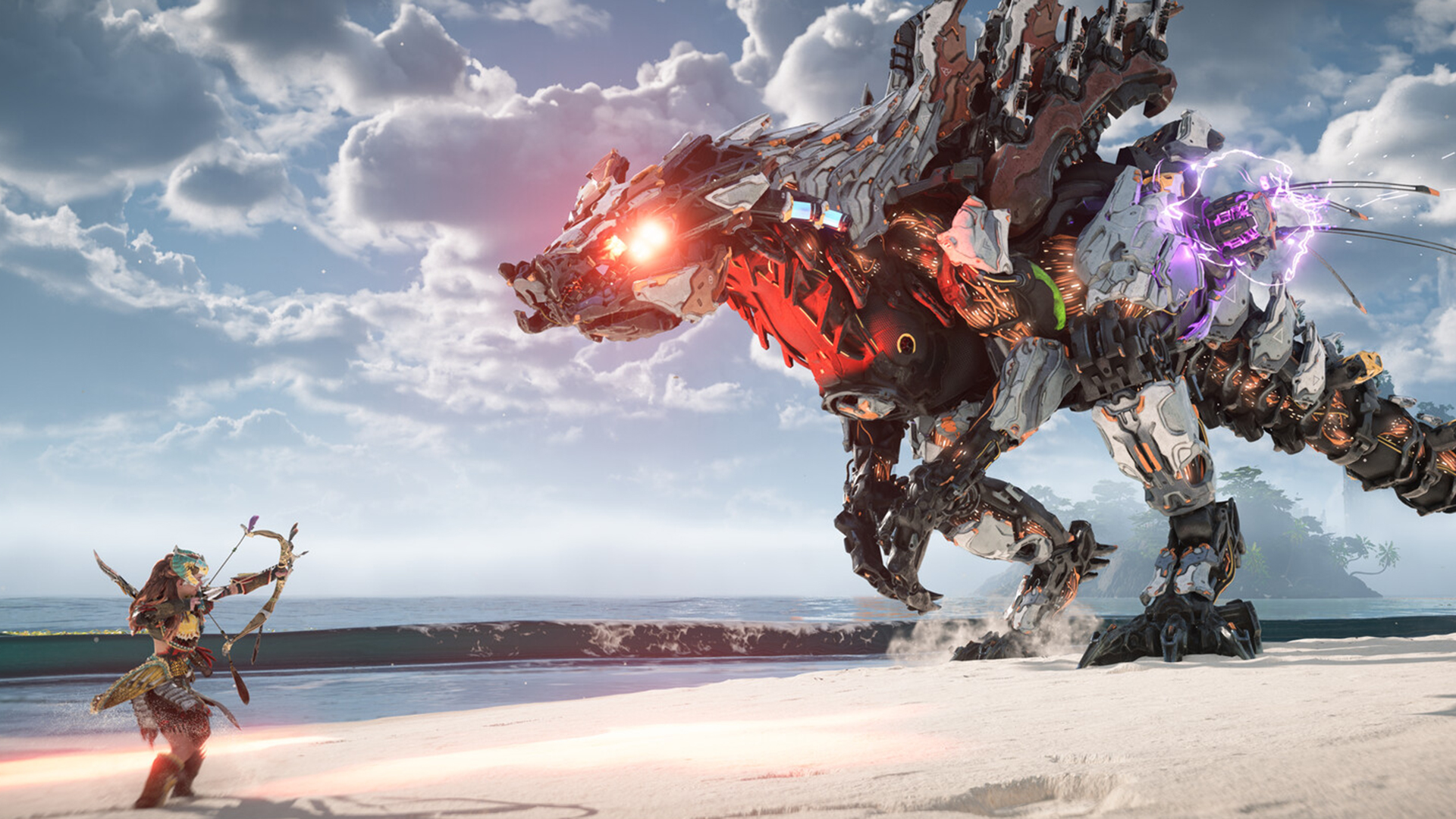 Screenshot from Horizon: Forbidden West showing the protagonist, Aloy, facing off against a huge robot dinosaur.