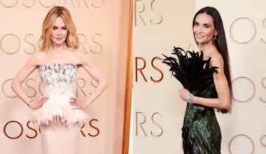 Nicole Kidman and Demi Moore wearing feathred dresses at the 98th Academy Awards in Los Angeles on March 15, 2026.