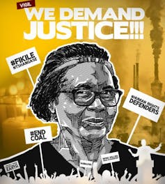 A woman's face with a sign above saying 'we demand justice' and a sign on the side that says End Coal