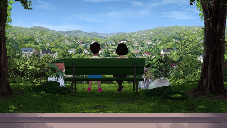 Animation showing two people sat on a bench looking out at a park