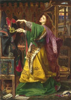 A painting of Morgan le Fay by Frederick Sandys, 1863-1864 depicts her enchanting a cloak.