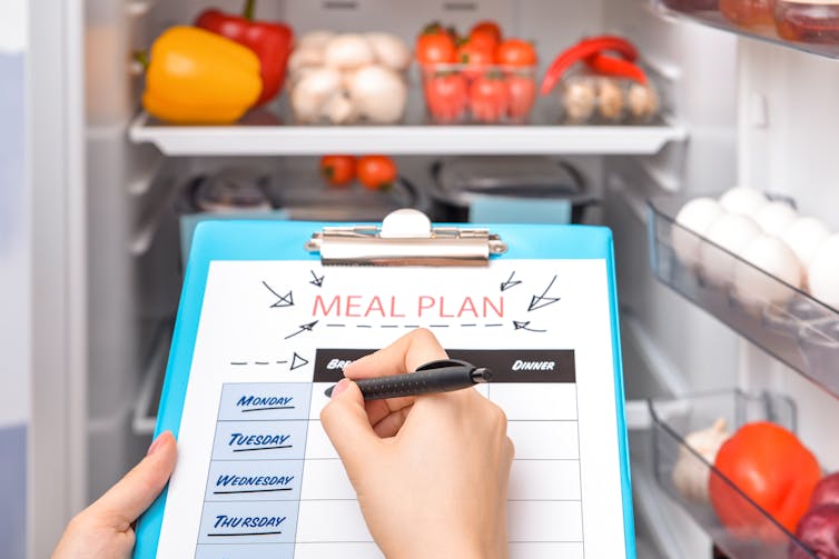 clipboard wiht meal planning notes, held by hands in front of open organised fridge with fresh veg