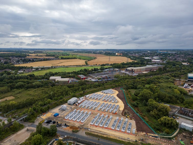 Aerial photo of Ferrybridge Battery Energy Storage System under construction, part of UK renewable energy infrastructure, West Yorkshire.