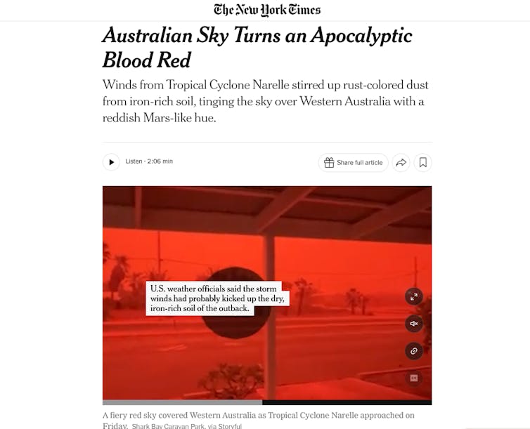A screen shot of a New York Times piece about the red dust storm.