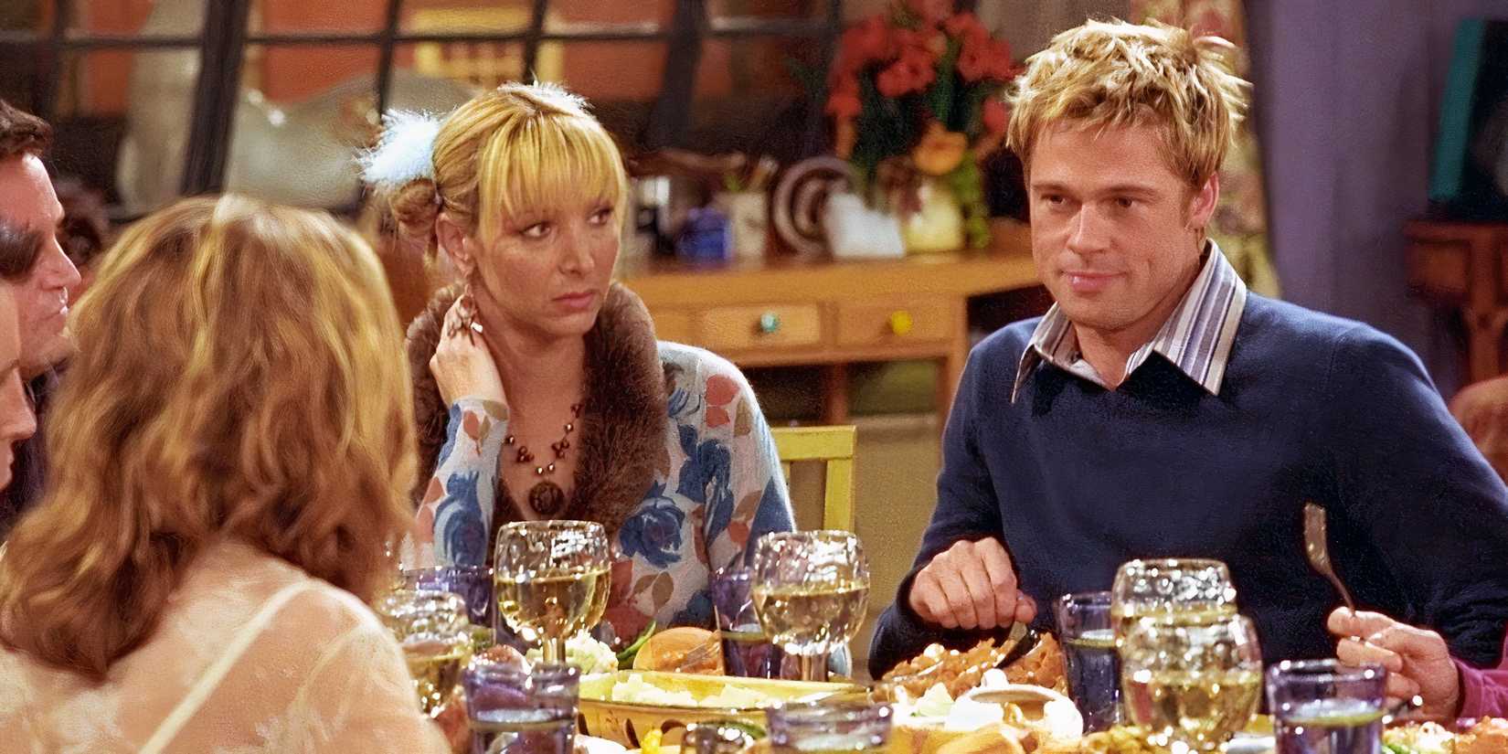 Friends Thanksgiving Brad Pitt looking annoyed across the table at Rachel