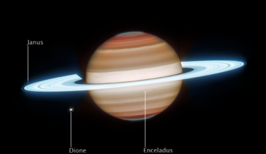 An image of Saturn on the black background of space. Image is labeled Saturn, Webb Infrared Light, November 29, 2024. Saturn has horizontal bands, with bands at the north and south poles appearing darker orange and lightening to tan as they approach the equator. The north and south poles glow a greenish-grey. The rings appear in an icy neon white. White dots, representing several of Saturn’s moons, are labeled Janus, Dione, and Enceladus.
