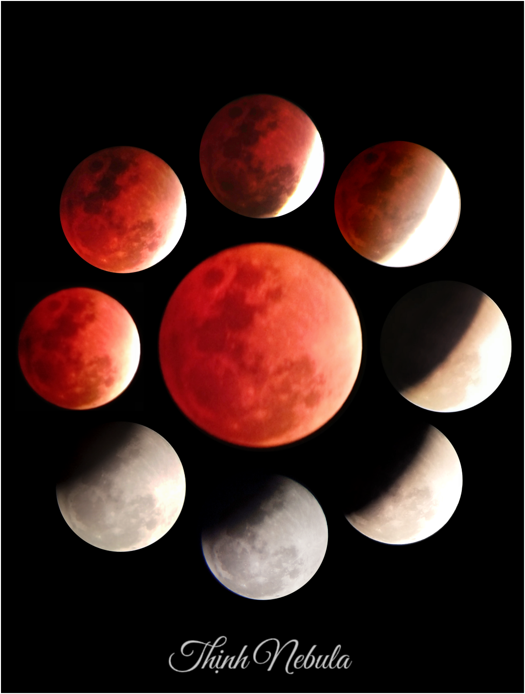 A composite image of the phases of a total lunar eclipse.