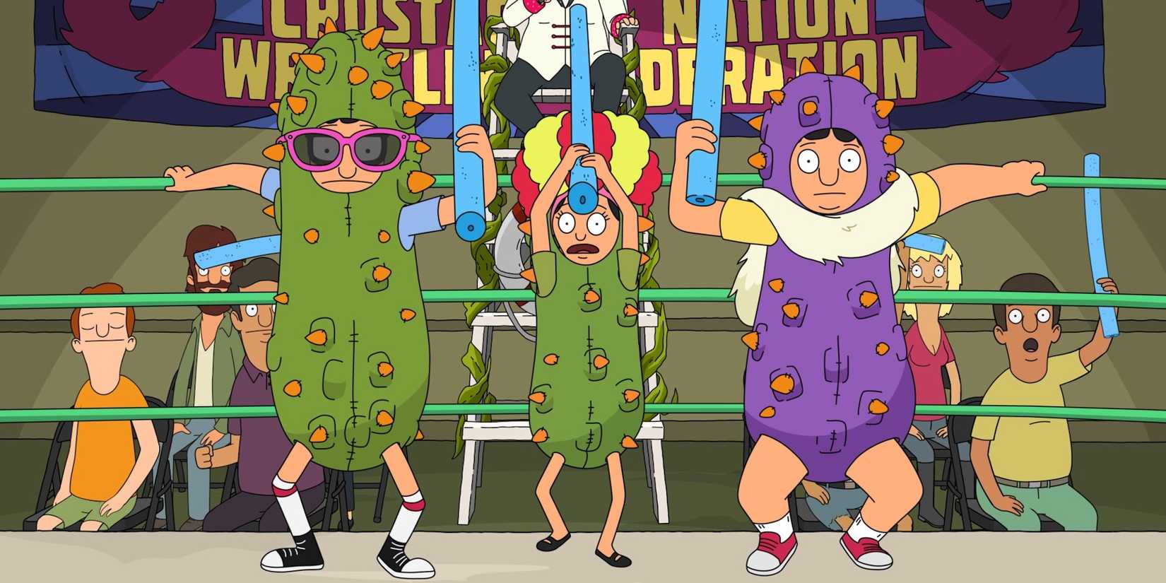 Gene, Louise, and Tina compete as pro wrestlers in pickle costumes on Bob's Burgers
