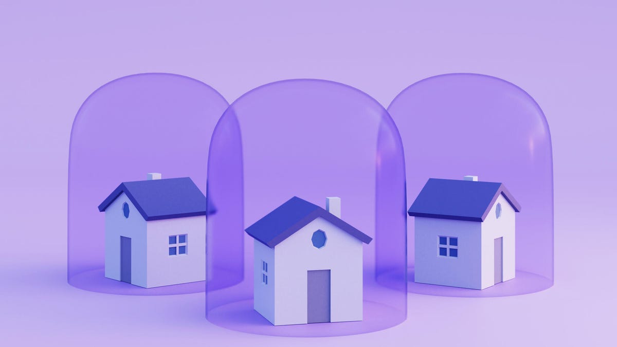 An image showing three digital designs of houses inside bubbles on a purple background