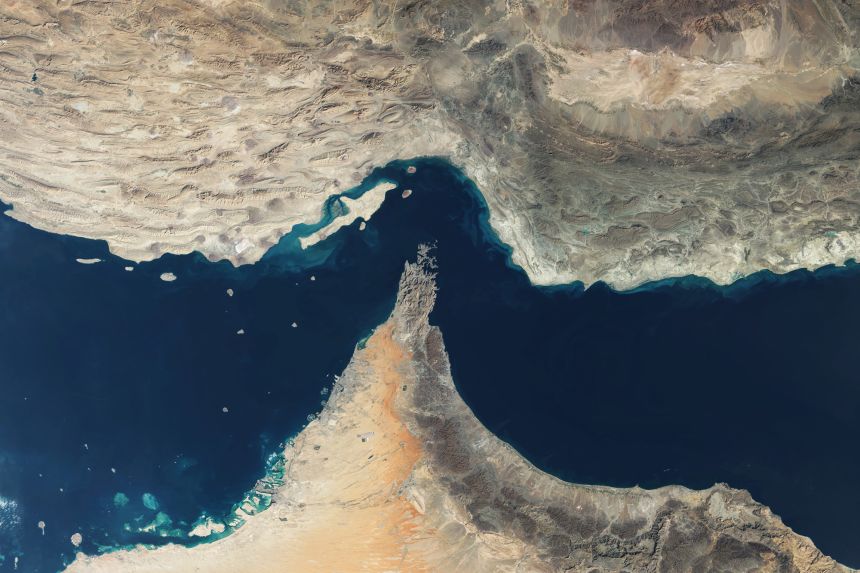 A satellite view of the Strait of Hormuz, a strategic waterway between Iran and Oman that links the Persian Gulf to the Arabian Sea, on January 11, 2025.