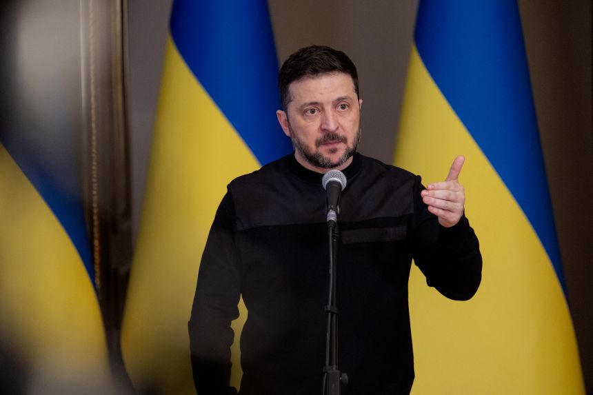Ukraine's President Volodymyr Zelensky gestures as he speaks during a press conference in Kyiv on March 3, 2026.