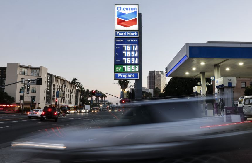 High gas prices are displayed at a downtown Chevron station in Los Angeles, California, on March 3, 2026.