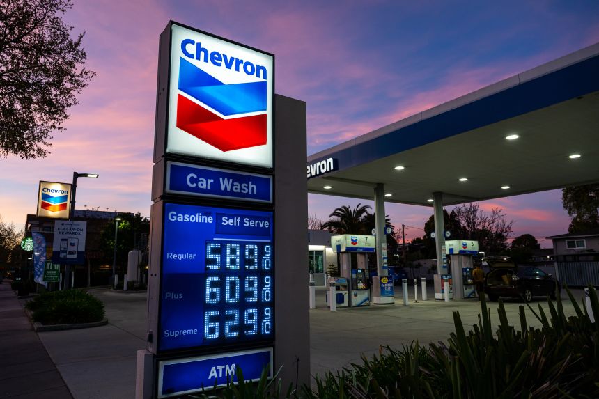 A sign displays the prices of unleaded gasoline at a Chevron gas station in Palo Alto, California, on Tuesday, March 10, 2026.