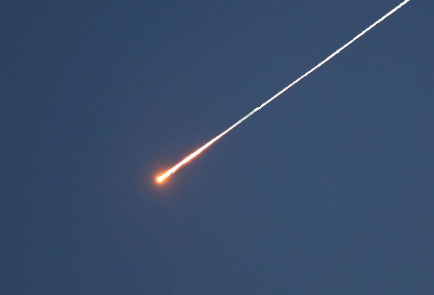 A missile launched from Yemen at Israel sighted in the sky over Hebron, West Bank, on March 28, 2026.