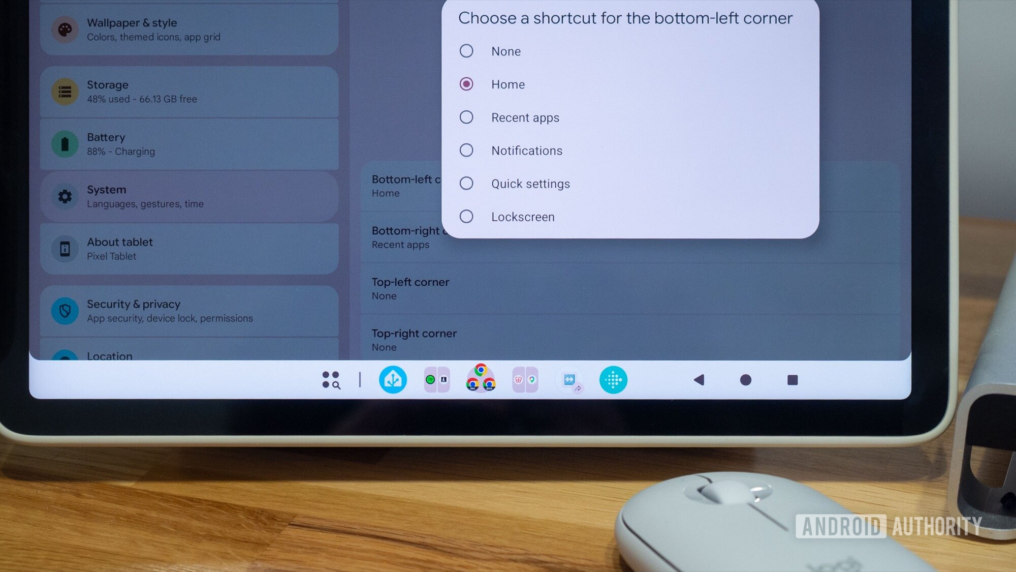 google pixel tablet android mouse hot display corners shortcuts