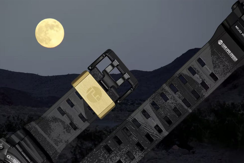 a closeup view of a watch strap against a night sky with a visible moon