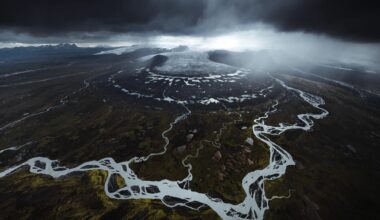 An aerial landscape of glacial streams in Iceland