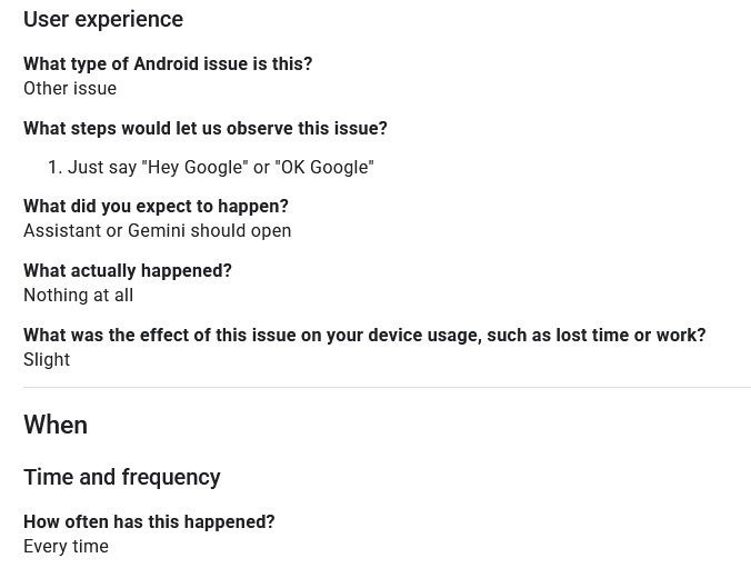 Image of Issue Tracker with "Hey Google" hotword complaint.