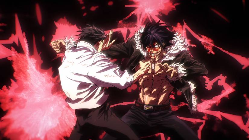 Yuta fights Ryu while red cursed energy bursts around them in Jujutsu Kaisen