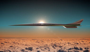 A pointed, narrow airplane designed for high-speed flight soars above the clouds. The sun shines through many, tiny passenger windows.