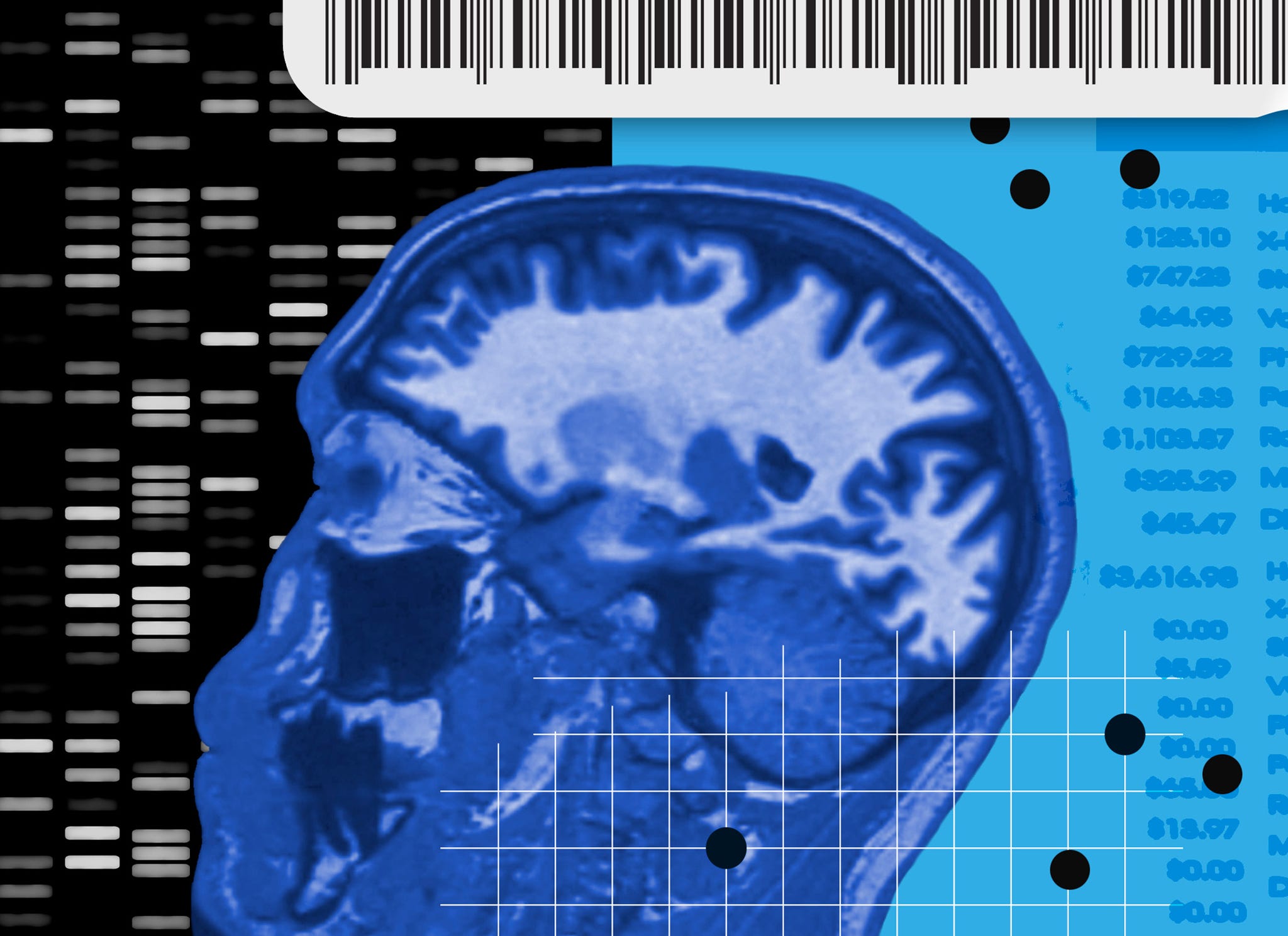 mri brain scan overlayed with data visuals and a barcode