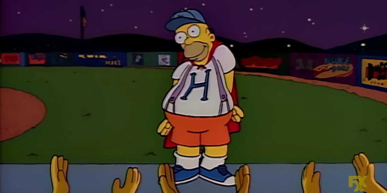 Homer dancing on a baseball field in The Simpsons