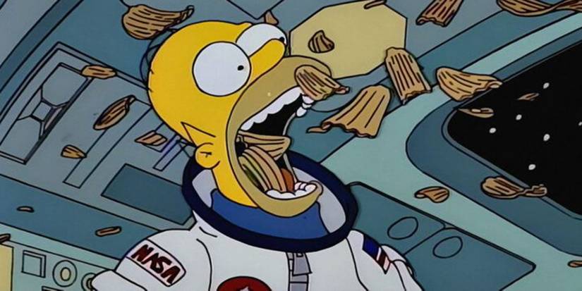 Homer eating chips in space in The Simpsons