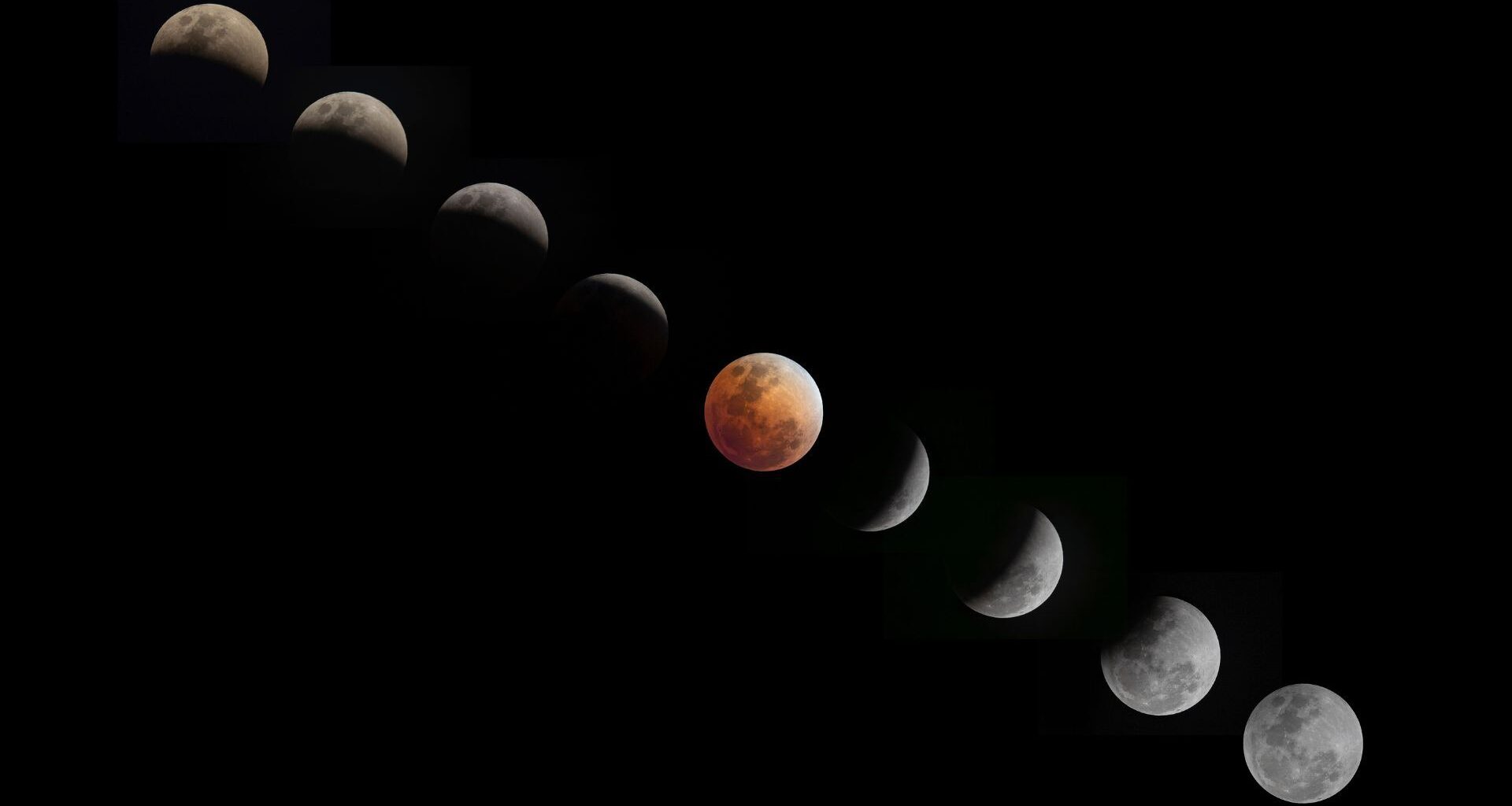 A composite photo showing the different phases of a total lunar eclipse.