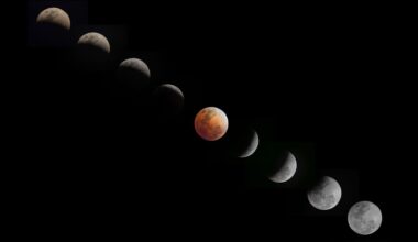 A composite photo showing the different phases of a total lunar eclipse.