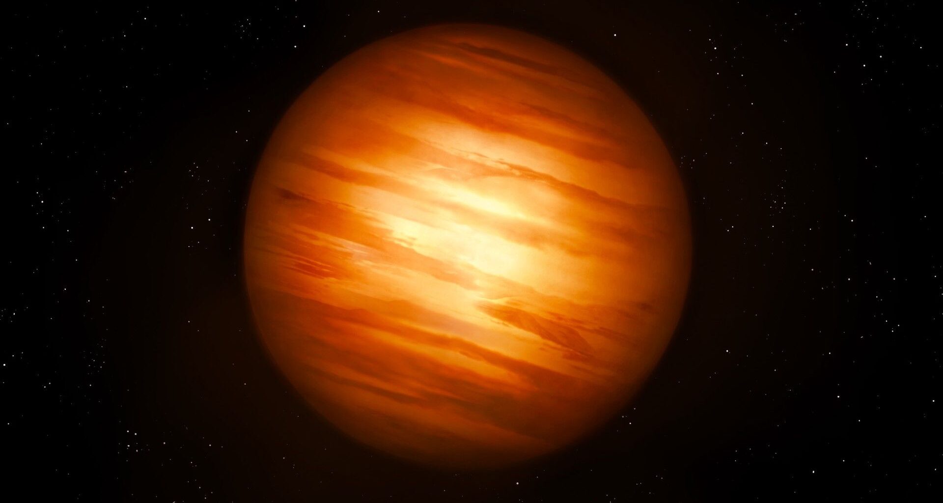 a reddish orb streaked with pale yellows on a black background