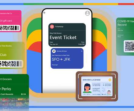 Illustration of a phone with Google Wallet open, surrounded by tickets and documents that can be added in Google Wallet.