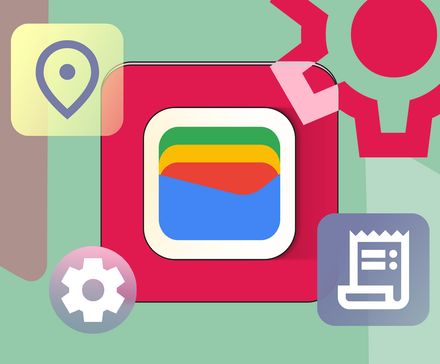 Illustration of the Google Wallet logo surrounded by icons for location, settings, and transaction history.