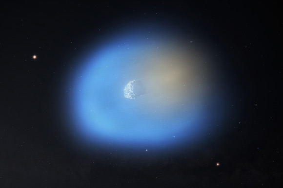 An artist’s impression of 3I/ATLAS is shown as it passes near the Sun, illuminating one side of the comet; on the side of the comet closer to the Sun, the methanol gas is shown in blue, with icy dust grains still present in the gas; on the dark side of the comet, the hydrogen cyanide is shown in orange. Image credit: NSF / AUI / NRAO / M.Weiss.