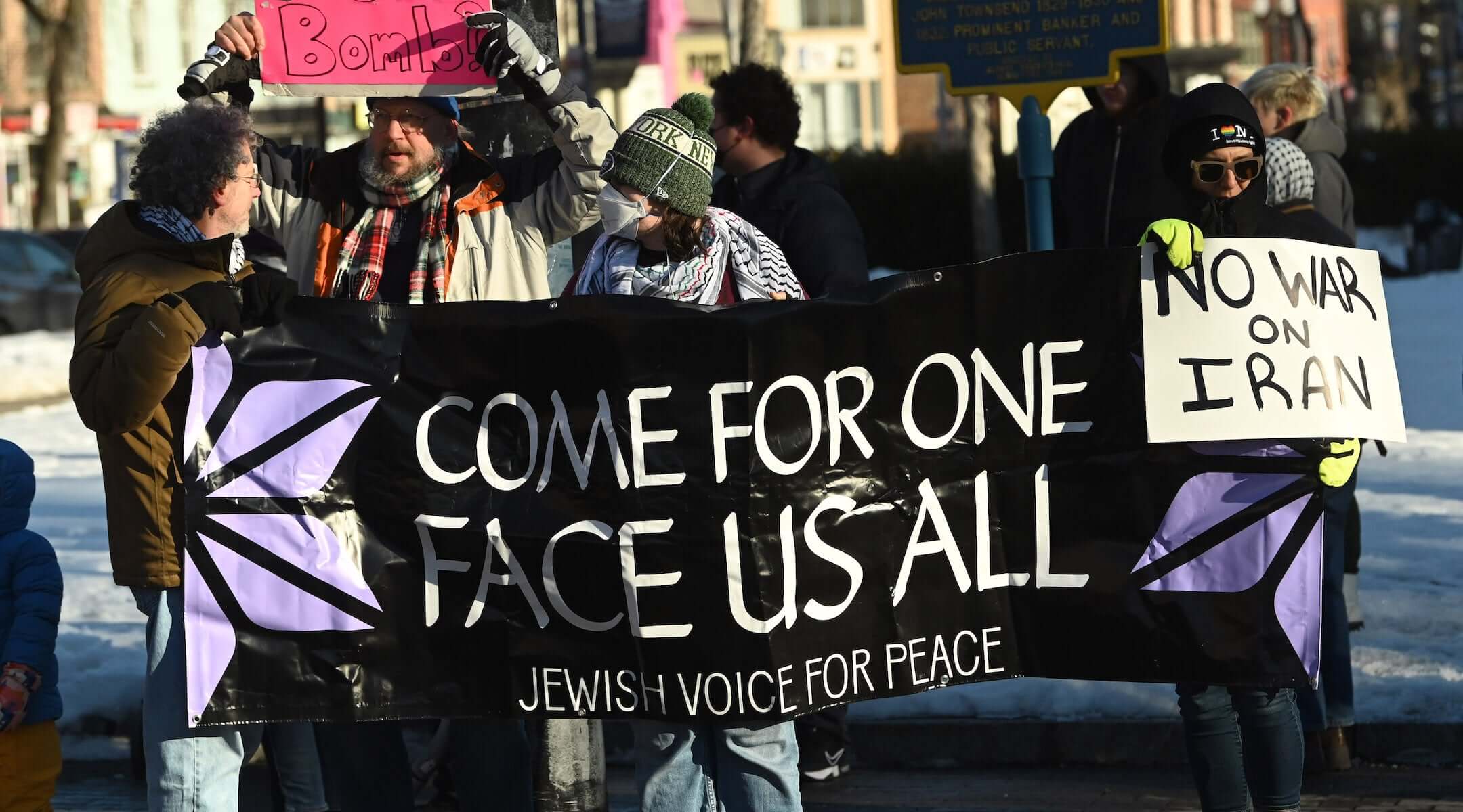 Local groups and residents speak out against the U.S./Israeli war against Iran during a local protest in Townsend Park on Sunday, March 1, 2026 in Albany, N.Y. (Lori Van Buren/Times Union)