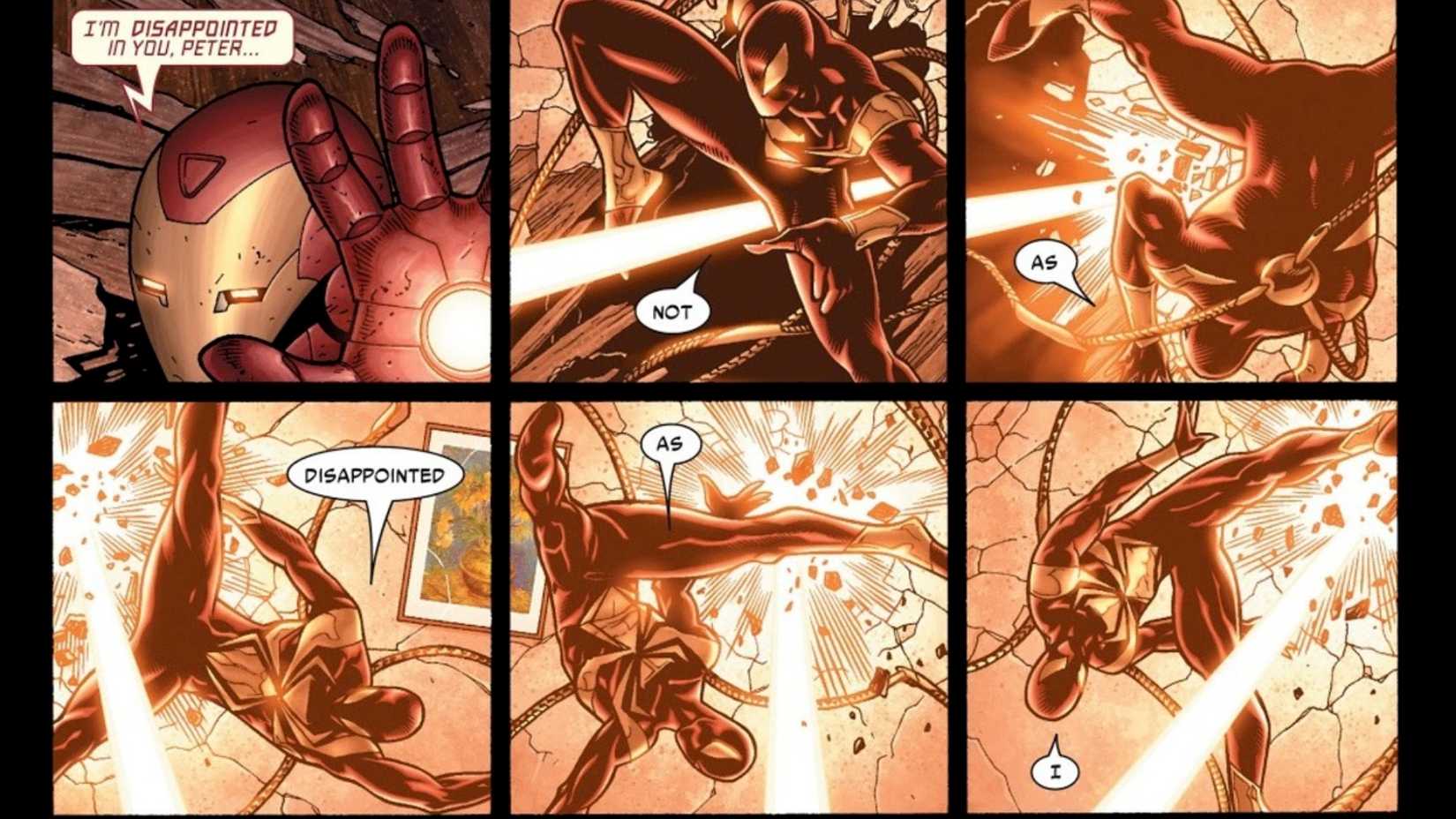 Iron Man shoots his blasters at Spider-Man in Marvel Comics' Civil War