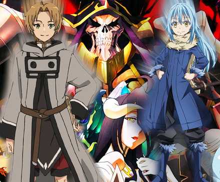 Isekai anime featured image with the Overlord cast, Rudeus, and Rimuru